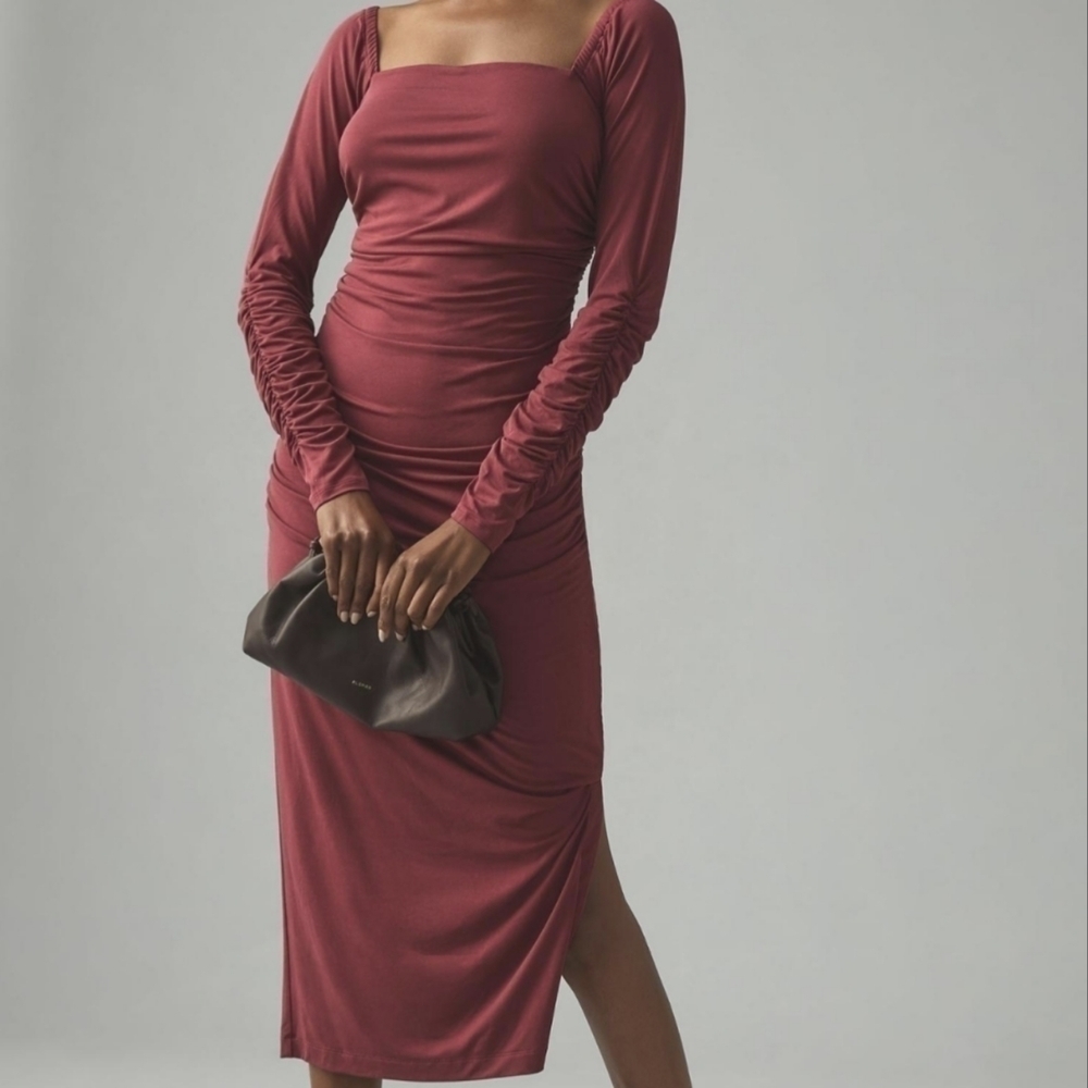 Anthropologie Wine Ruched Square Neck Mini Dress XL Petite NWT - Picture 3 of 7